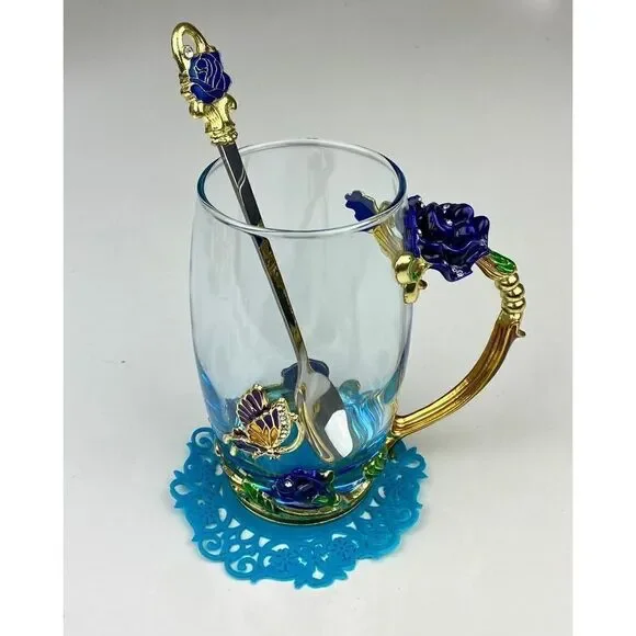 ARC of France Glass Tea Cup w/ Enamel Rose Flower Butterfly, Spoon & Doily BB144 - Picture 5 of 10